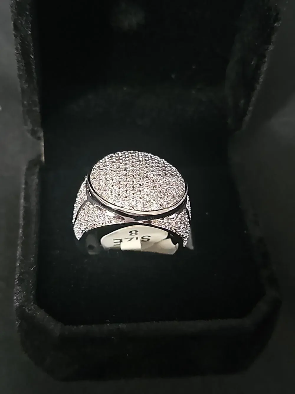 Size 8 White Gold-Plated brass- Men's Ring Pavé Round Cubic Zirconias